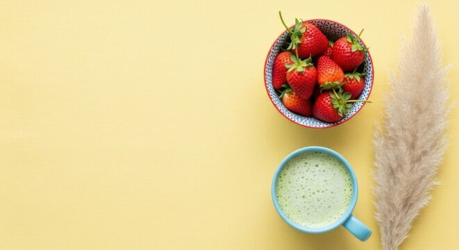 Fresh strawberries in a bowl and a cup of green matcha latte on a yellow background