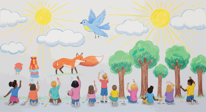 Hand drawn children mural illustration, diverse kids painting nature scene with fox and bird, colorful crayon style wall art vector