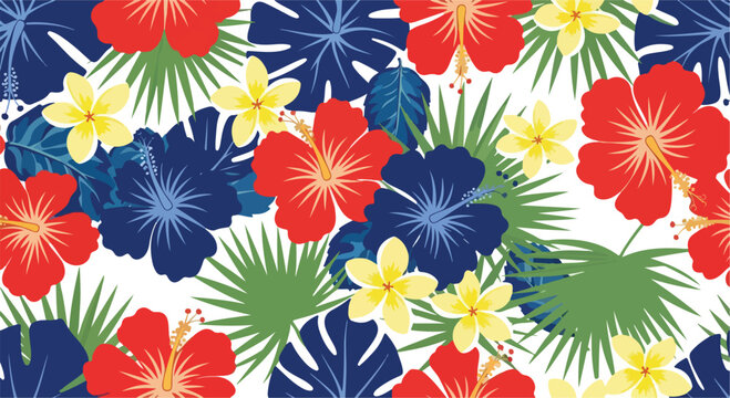 Tropical hibiscus seamless pattern vector, red and blue exotic floral background, summer botanical wallpaper with frangipani and palm leaves