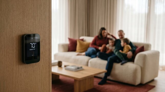 Digital smart thermostat showing temperature on wooden wall with blurred family in living room for residential climate control and energy efficiency marketing