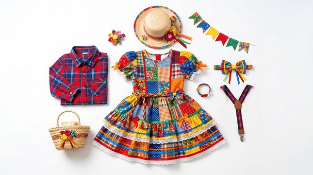 Festa Junina Outfit for Children with Straw Hat and Accessories