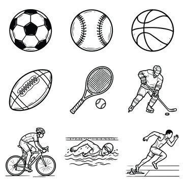 Collection of Hand Drawn Sports Equipment and Athletes.