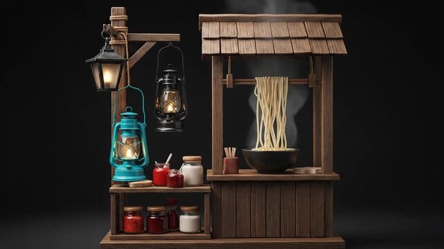 3D miniature Japanese ramen street stall with glowing lanterns and steaming noodles.