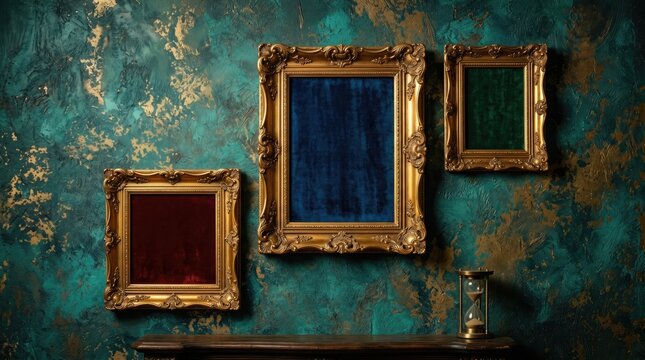 Three ornate golden picture frames hang on a textured teal and gold wall above a wooden surface with an hourglass placed on it.