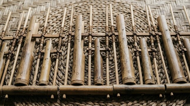 Traditional Musical Instrument Angklung Bamboo Tubes Laid on Woven Mat, Cultural Craftsmanship Close-Up View