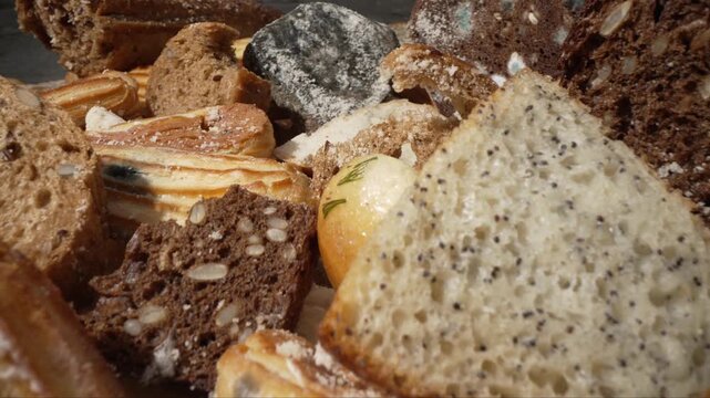 Stale bread pieces on a trash, food waste