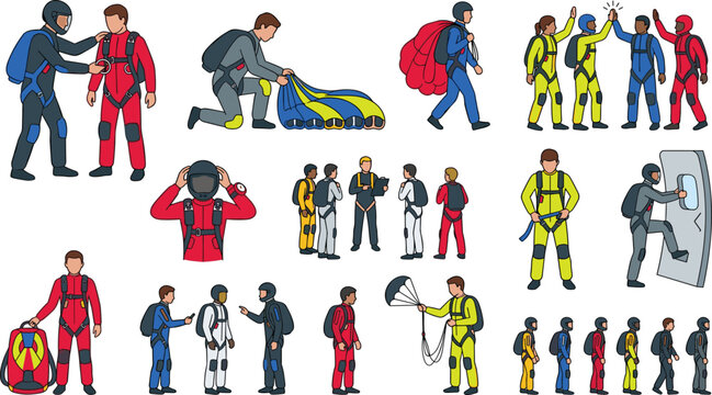 Skydiver Team Character Set with Gear Preparation, Briefing, High Five, and Plane Exit Poses for Sport and Adventure Designs