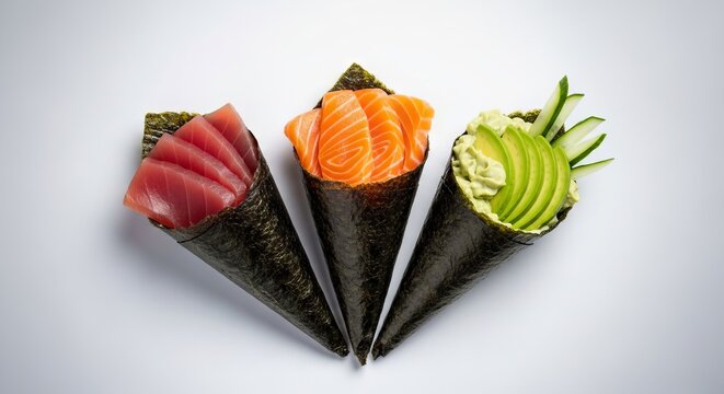 Vibrant sushi cones filled with fresh salmon, tuna, avocado, and cucumber slices, perfectly arranged in a minimalist studio composition, colorful, avocado, isolated
