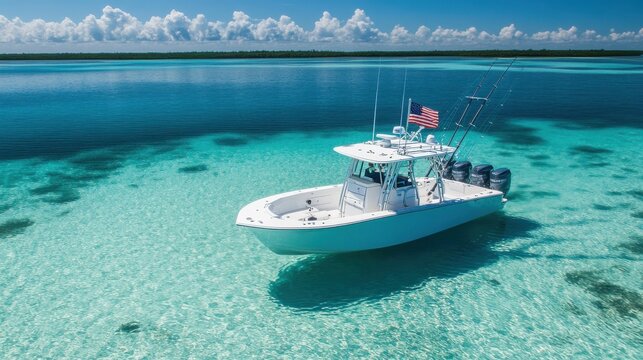 Center console fishing boat with American flag in crystal clear turquoise ocean water