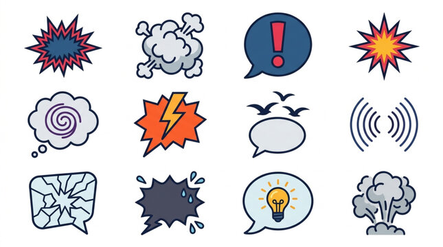 Collection of comic book style speech bubble icons and symbols.