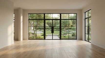 Fototapeta premium Spacious interior with large windows overlooking a lush garden, creating a bright and airy atmosphere.