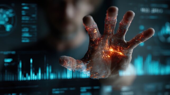 Professional interacting with virtual HUD touchscreen screen displaying financial graphs and digital particles network, conceptual imagery for big data analysis and artificial intelligence.