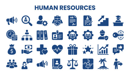 Fototapeta premium Human Resources Icons Set representing recruitment hiring career development benefits and employee management concepts for business presentations