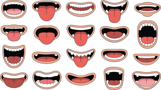 Cartoon mouth illustrations in bold grid showing expressive variations with teeth, tongues, closed lips, and diverse character emotions