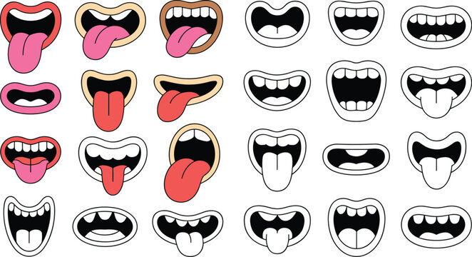 Cartoon mouth illustrations in colorful grid showing expressive variations with teeth, tongues, closed lips, and playful character design