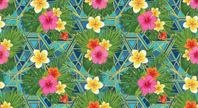 Tropical seamless pattern with hibiscus and frangipani flowers, exotic floral background with monstera leaves, geometric art deco botanical vector