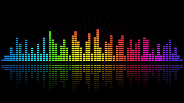 Colorful audio equalizer bars on black background, music visualization, sound technology concept, entertainment graphic, digital media presentation