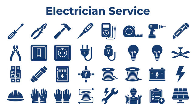 Electrician Service Tools and Equipment Icons Set Electrical Repair Industry Symbols Collection