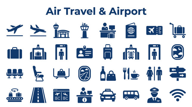 Collection of air travel and airport icons representing transportation services and passenger journey from check in to boarding and departure