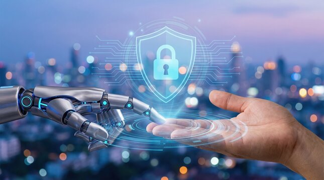 Digital trust and mobile cybersecurity call alert protect against danger with firewall security in futuristic human and robot interaction