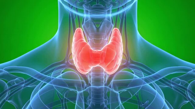 3D thyroid gland glowing red within transparent X-ray human neck anatomy, detailed medical visualization, endocrine health and diagnostic concept, 4K video