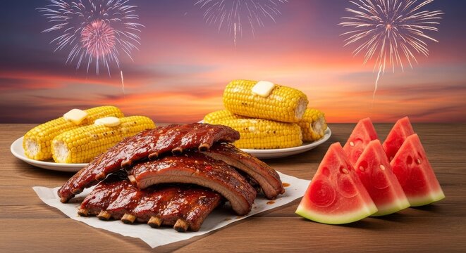 Glazed barbecue ribs, grilled sweet corn, and fresh watermelon slices are arranged on a rustic table under a sunset sky filled with fireworks, lights, side dish, table