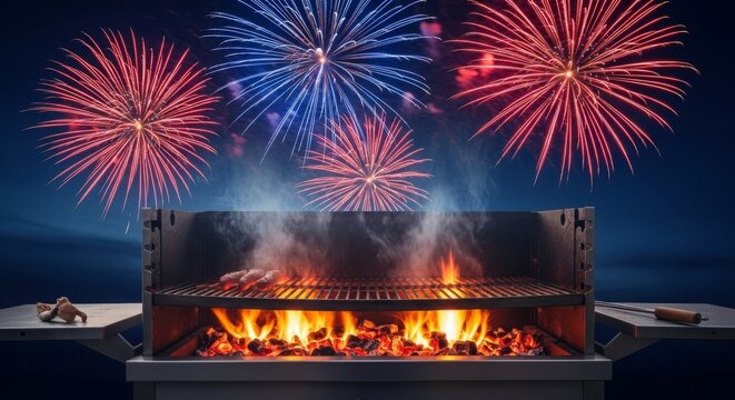 A detailed outdoor barbecue grill station with glowing coals stands under a vibrant night sky filled with exploding red, white, and blue fireworks, equipment, illuminate, setup