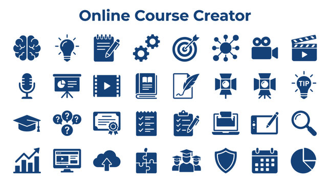 Online Course Creator Icons Set Brain Idea Gear Target Network Video Microphone Presentation Film Book Pen Spotlight Tip Graduation Question Mark Certificate Checklist Laptop Tablet