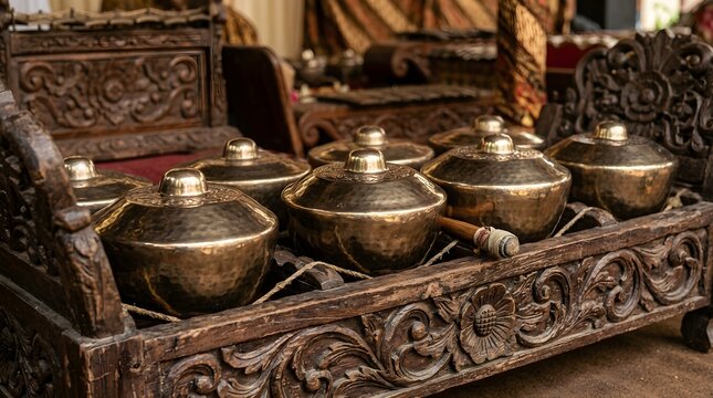 Traditional Bonang Bronze Kettles Musical Instrument Displayed on Ornate Wooden Frame in Cultural Setting