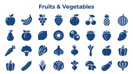 Collection of fresh fruits and vegetables icons representing healthy eating and a balanced diet for food related projects