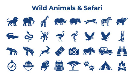 Collection of wild safari animals and travel icons in blue on a white background representing adventure and exploration © Iconique Studio