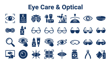 Fototapeta premium Eye Care and Optical Health Icons Representing Vision Testing and Eyewear Collection of Symbols for Ophthalmology and Optometry Services