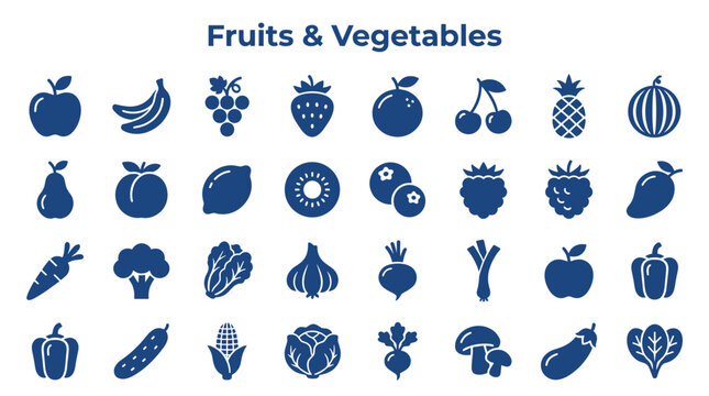 Collection of fresh fruits and vegetables icons representing healthy eating and a balanced diet for food related projects