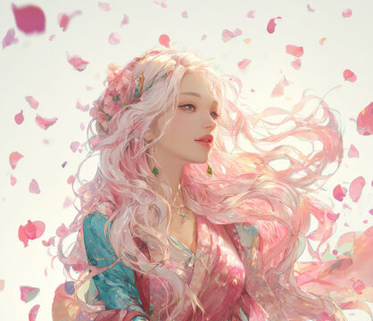 Anime style illustration of a beautiful young woman surrounded by floating petals illuminated by warm light as soft wind moves her flowing hair.