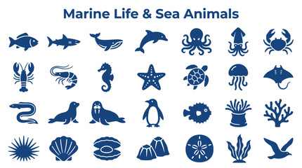 Fototapeta premium Collection of diverse marine life and sea animal icons in a clean, modern style, perfect for educational or illustrative purposes