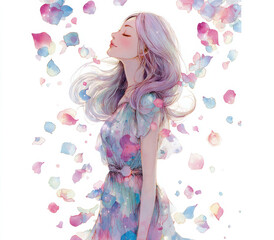 Obraz premium Anime style illustration of a beautiful young woman surrounded by floating petals illuminated by warm light as soft wind moves her flowing hair.