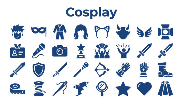 Cosplay costume accessories and crafting tools icons collection symbolizing fantasy and anime character creation and performance art