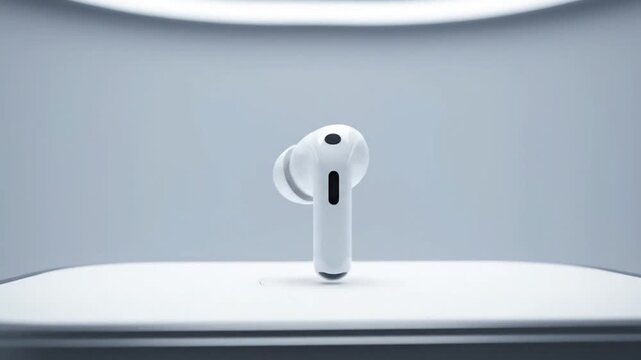 A single white wireless earbud stands on a white surface in a light gray room.