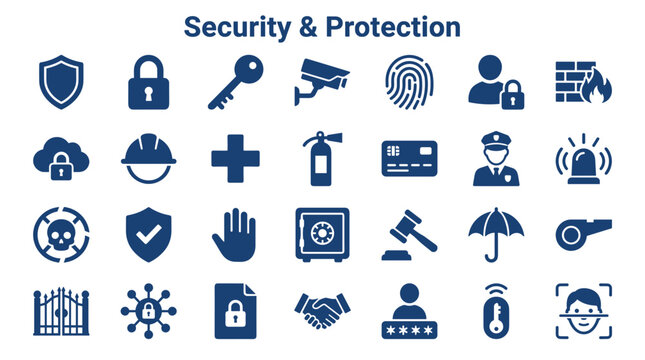 Security and Protection Icons Collection representing safety concepts like locks keys cameras fingerprint shields safes and more for digital and physical security themes