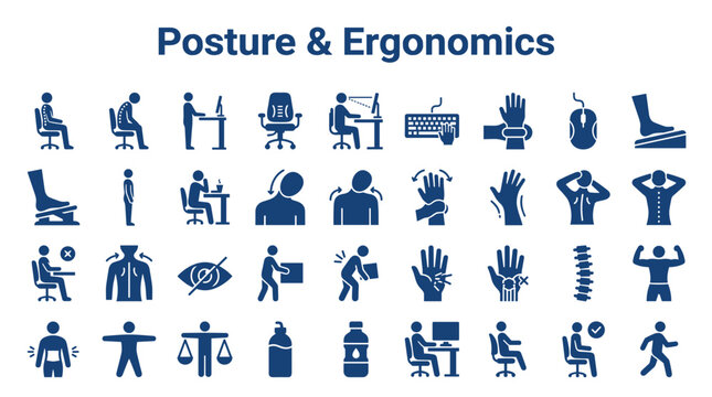 Posture and ergonomics icons demonstrating correct and incorrect body positions for office workers and daily activities promoting health and well-being