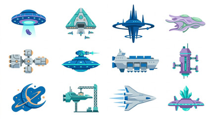 Collection of futuristic science fiction spacecraft and alien UFOs. © Melati