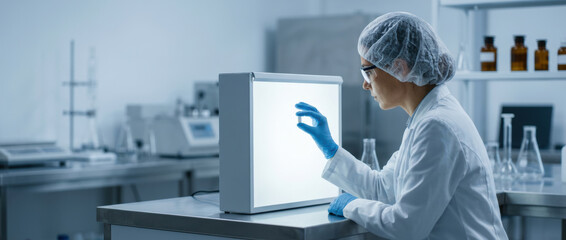Fototapeta premium Biotechnology lab research scientist in sterile laboratory with light box