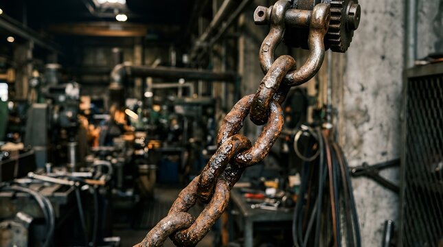 Rusty chain and industrial workspace details