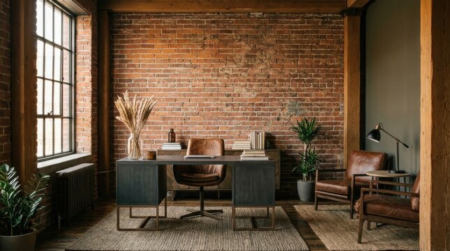 Elegant Office Space with Brick Wall, Desk, Chairs, and Natural Light.