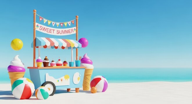 A vibrant dessert stand with a festive banner stands on a sunlit beach with white sand, turquoise water, and colorful summer decorations, sugar, gourmet, blue sky