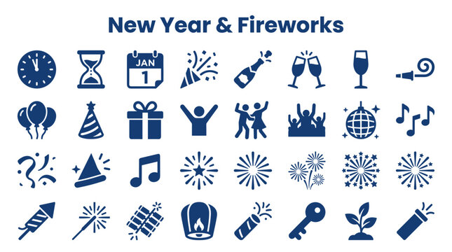 New Year Fireworks Celebration Icons Set Collection