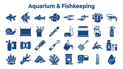 Aquarium and Fishkeeping Icons Set: Diverse Collection of Aquatic Life, Equipment, and Care Essentials for Marine and Freshwater Environments © Iconique Studio