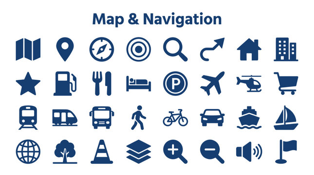 Collection of blue map and navigation icons representing travel destinations transportation and services for digital interfaces and design concepts
