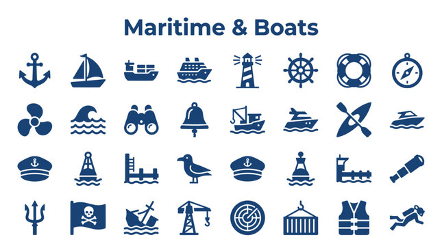 Maritime and Boats Icon Set Maritime Transportation Nautical Symbols and Marine Elements Collection for Design and Web