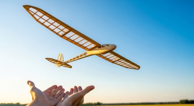 A light balsa wood glider soars from outstretched hands into a bright blue sky over a sunlit meadow during a warm and peaceful afternoon, toy, fun, park